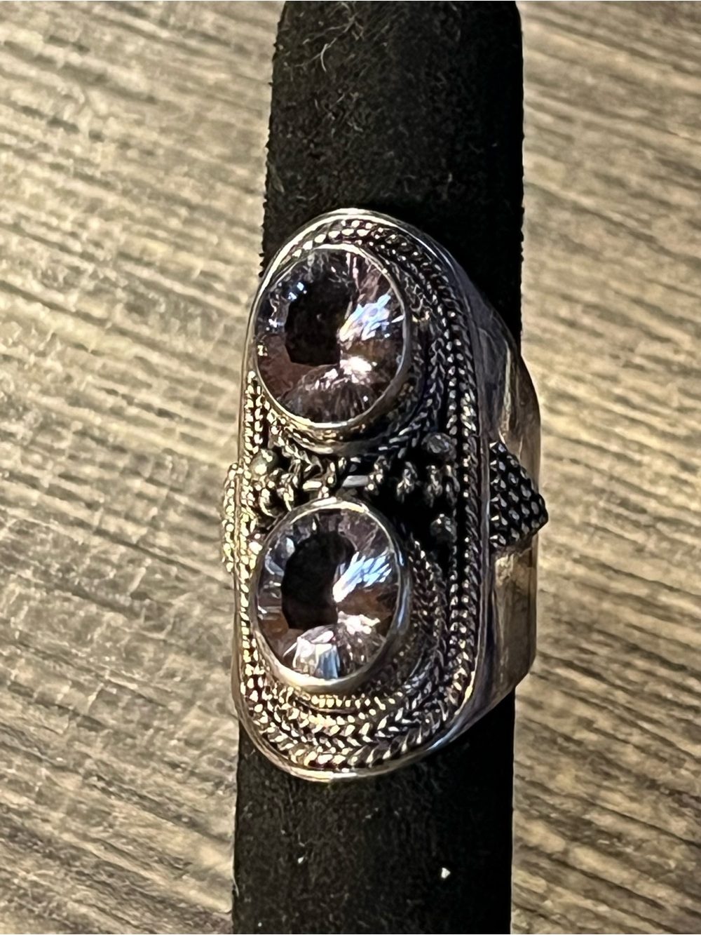 Light purple double gem ring. Sterling. Detailed. Fantasy cut. Sz 8